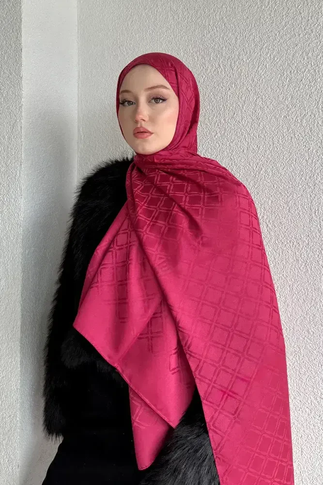 Naiya Jakar Şal Frame Desen - Koyu Pembe - 2