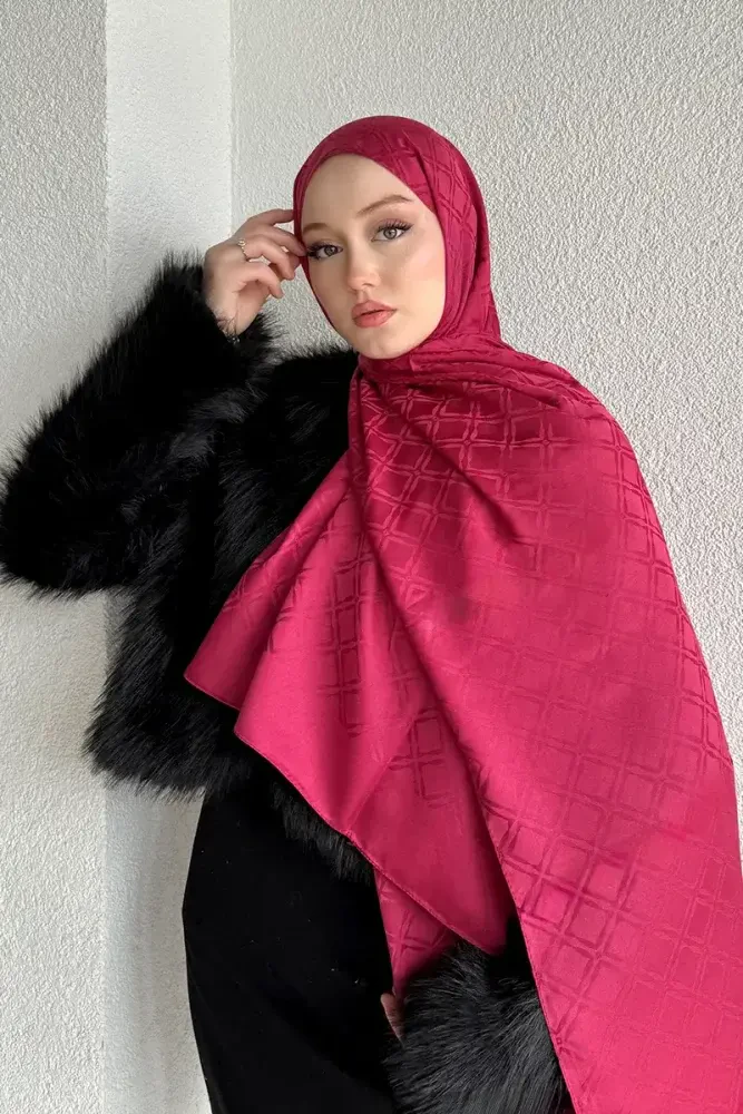 Naiya Jakar Şal Frame Desen - Koyu Pembe - MADAME POLO