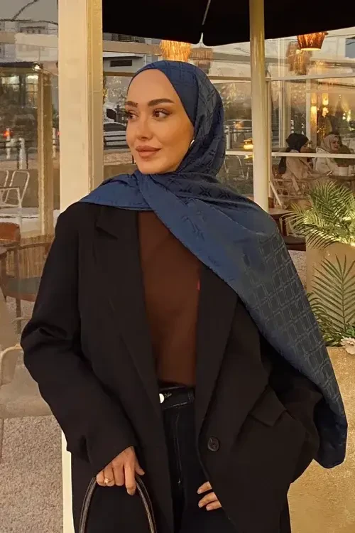 Naiya Jakar Şal Frame Desen - Lacivert 