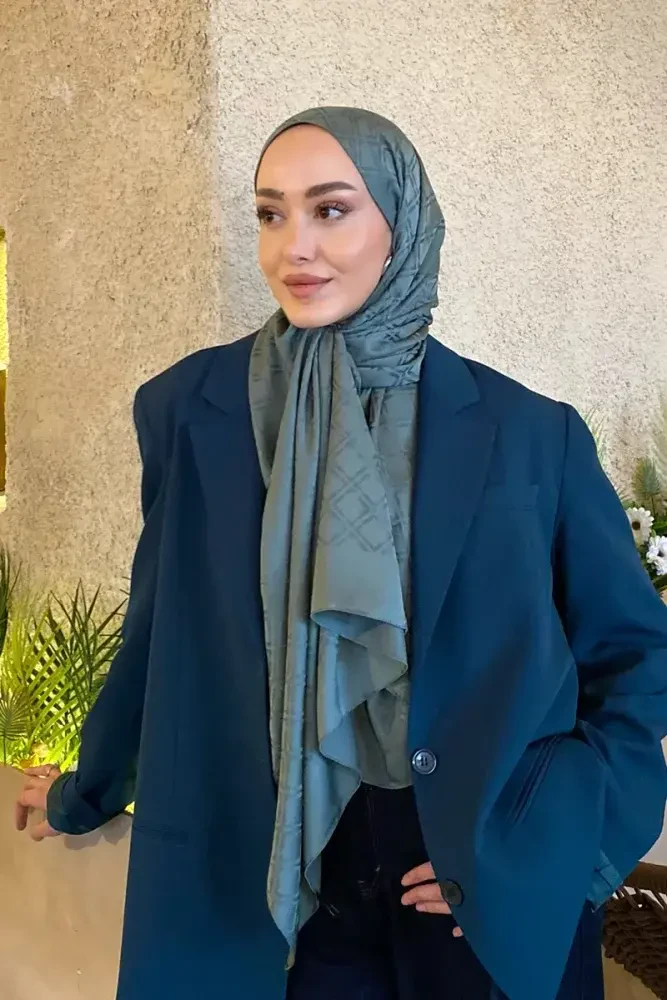 Naiya Jakar Şal Frame Desen - Yeşil - MADAME POLO