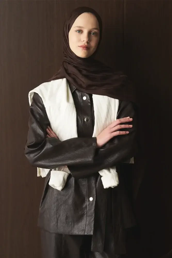 Naiya Jakar Şal Line Desen - Acı Kahve - MADAME POLO