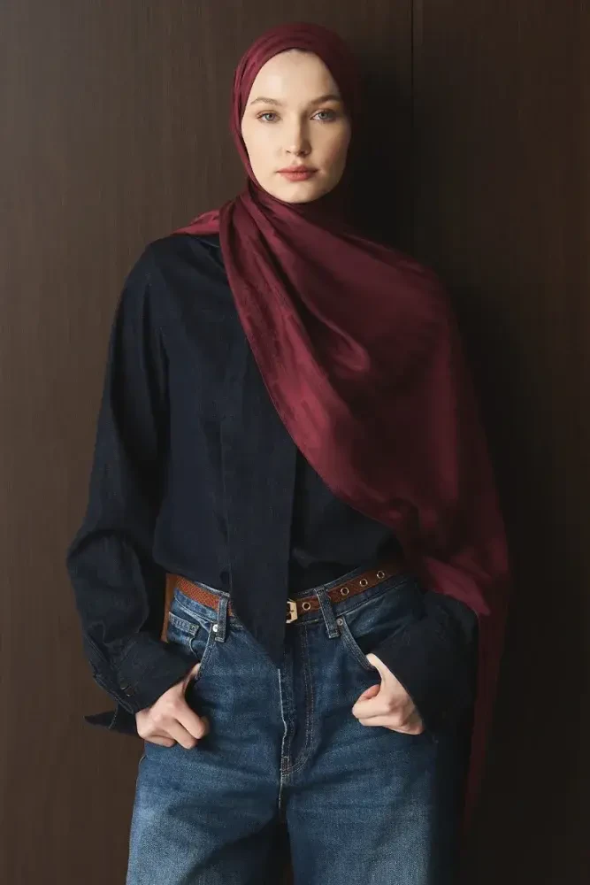 Naiya Jakar Şal Line Desen - Bordo - MADAME POLO