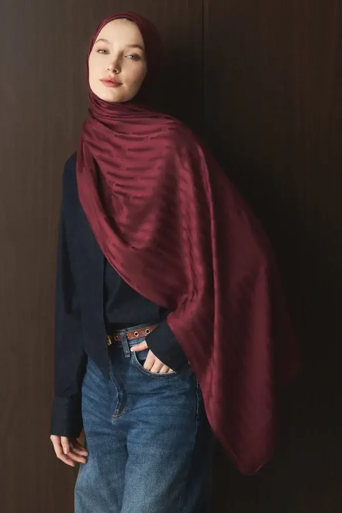 Naiya Jakar Şal Line Desen - Bordo - MADAME POLO