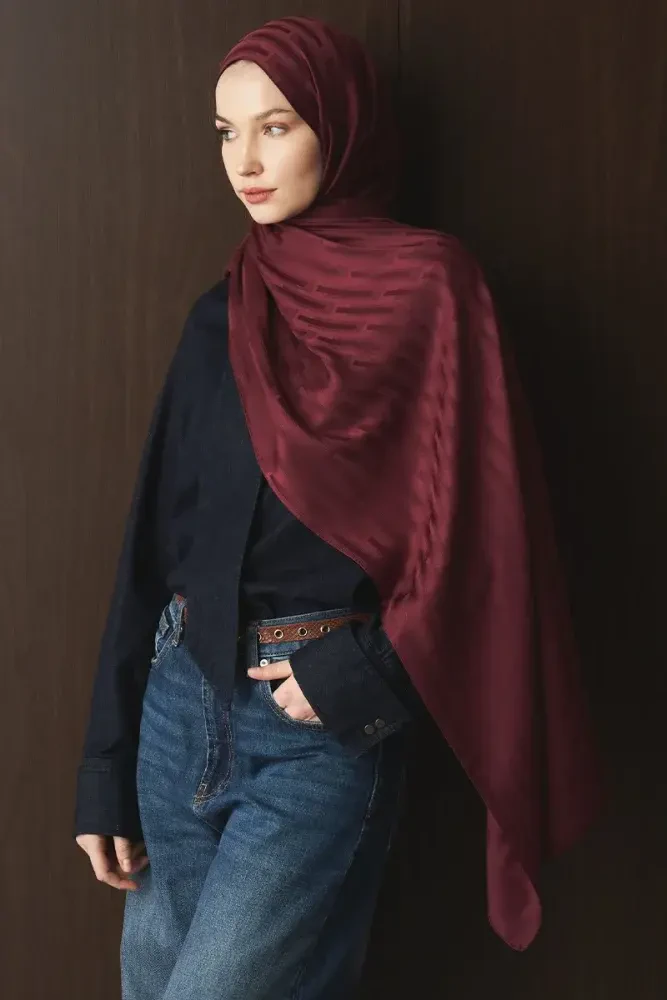 Naiya Jakar Şal Line Desen - Bordo - 4