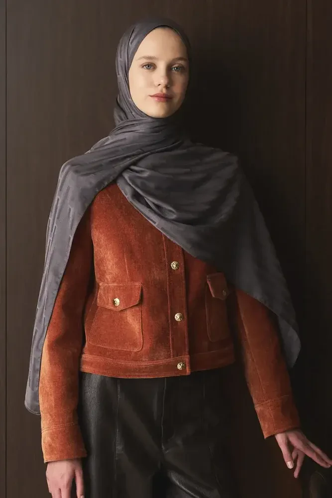 Naiya Jakar Şal Line Desen - Füme - MADAME POLO