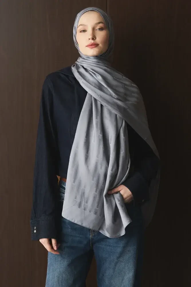 Naiya Jakar Şal Line Desen - Gri - MADAME POLO