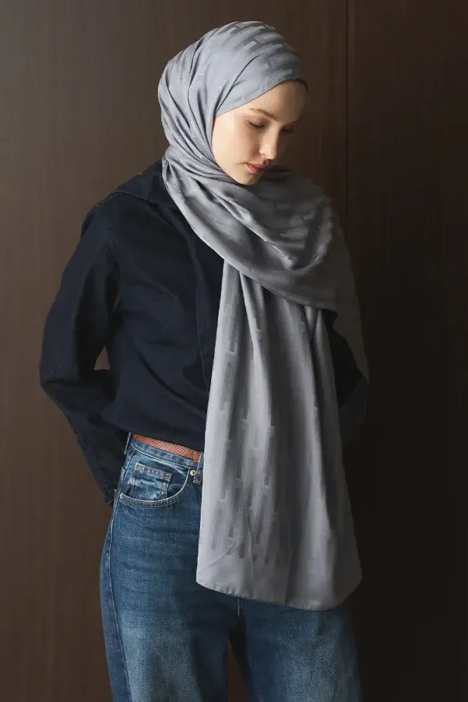 Naiya Jakar Şal Line Desen - Gri - MADAME POLO