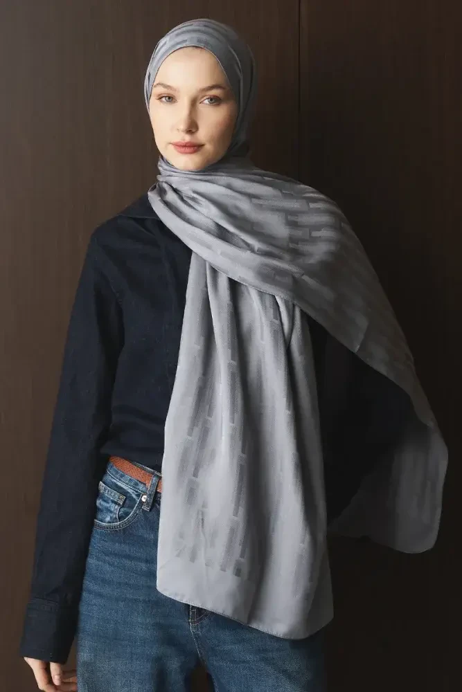 Naiya Jakar Şal Line Desen - Gri - MADAME POLO