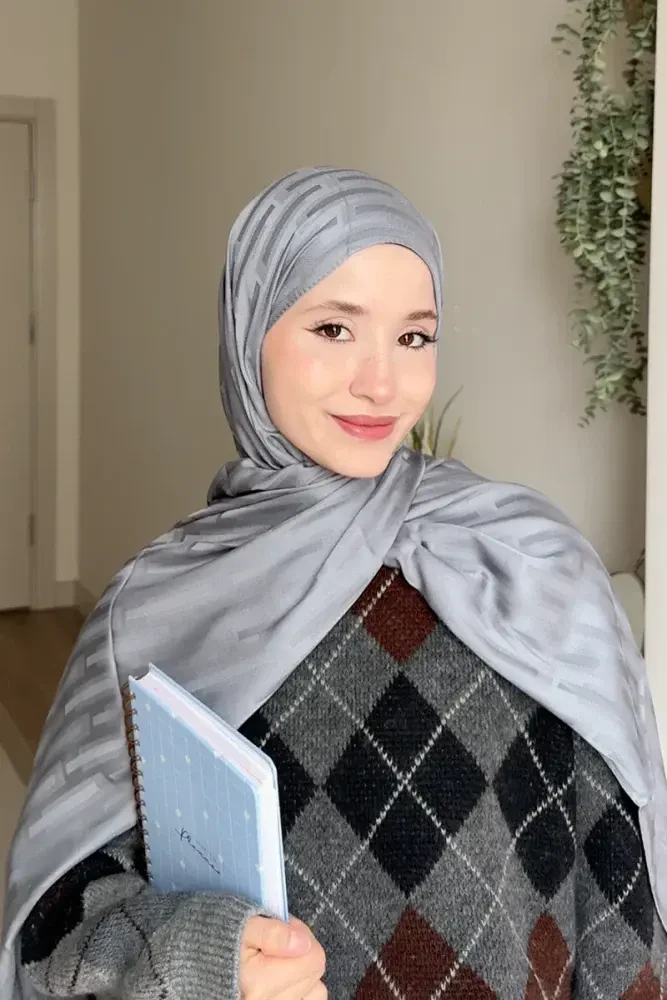 Naiya Jakar Şal Line Desen - Gri - MADAME POLO