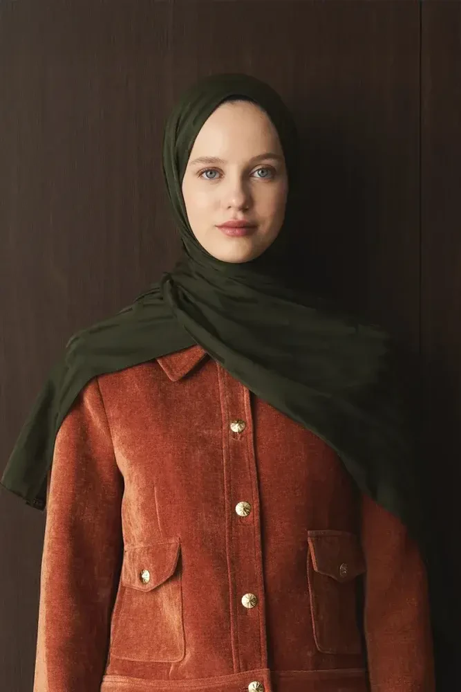 Naiya Jakar Şal Line Desen - Haki - MADAME POLO