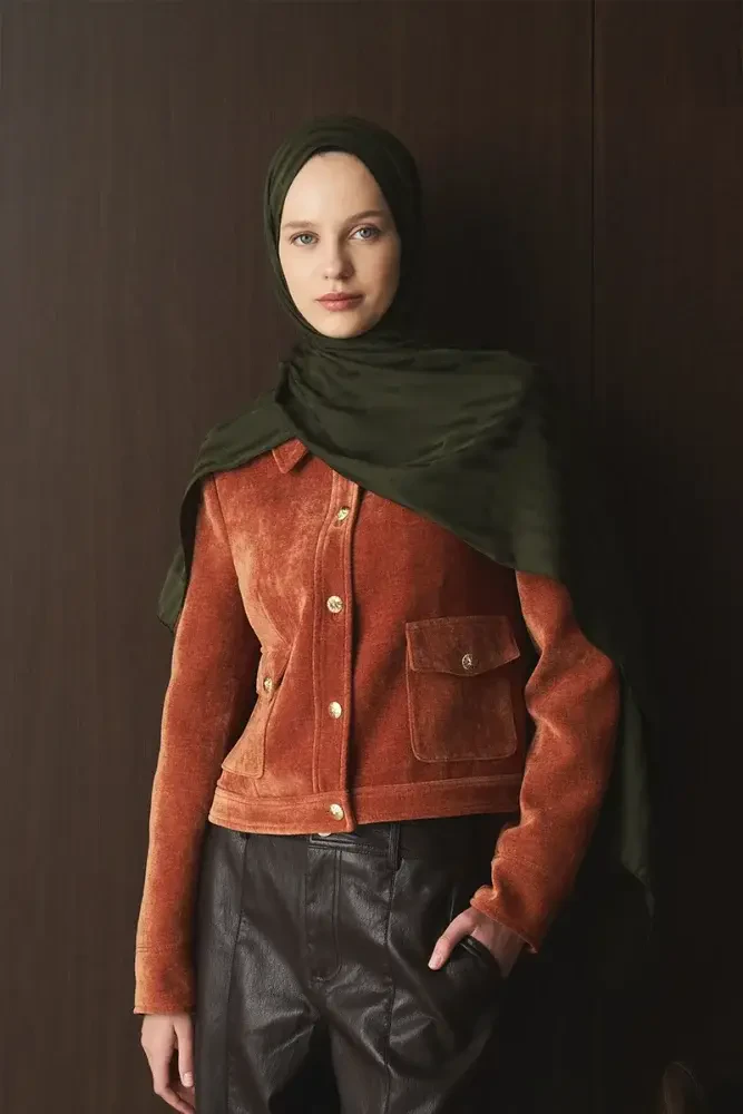 Naiya Jakar Şal Line Desen - Haki - MADAME POLO