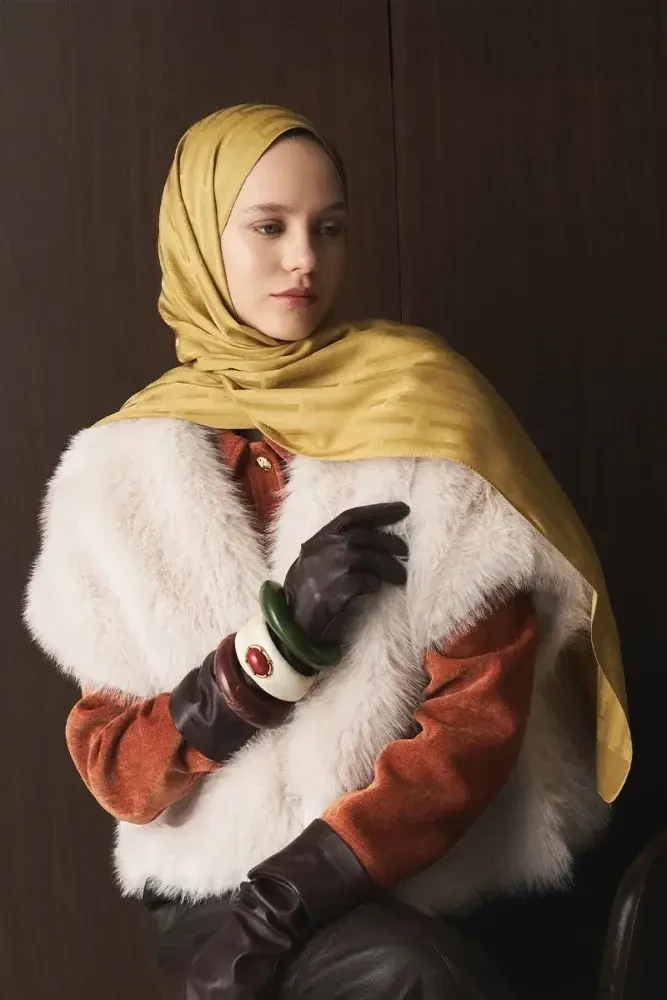 Naiya Jakar Şal Line Desen - Hardal - MADAME POLO