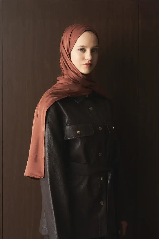 Naiya Jakar Şal Line Desen - Kızıl Kahve - MADAME POLO