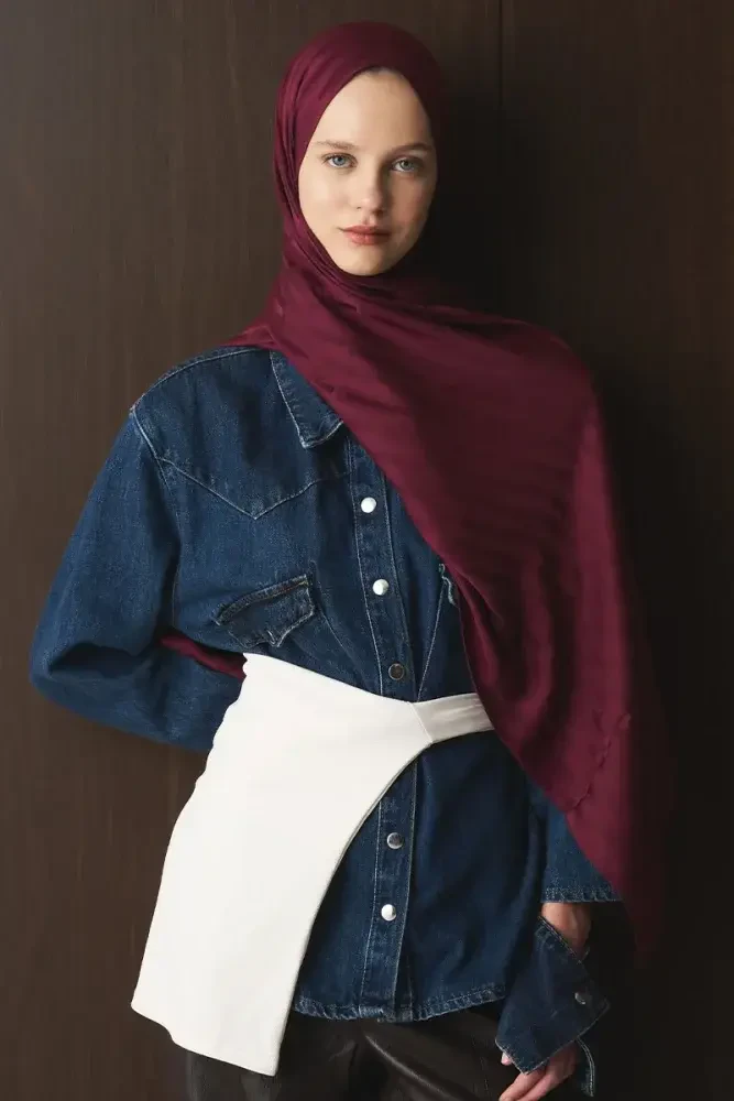 Naiya Jakar Şal Line Desen - Mürdüm - MADAME POLO