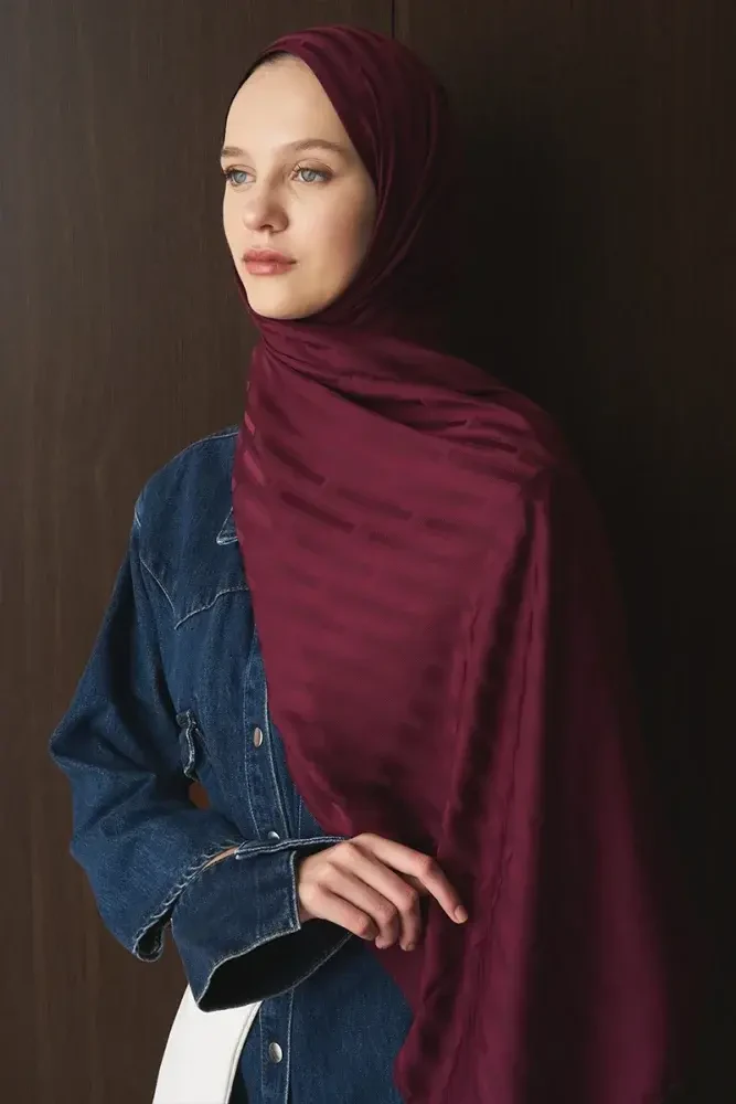 Naiya Jakar Şal Line Desen - Mürdüm - MADAME POLO