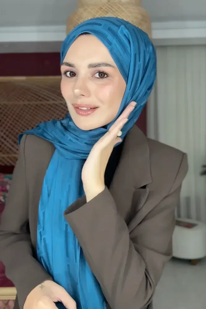 Naiya Jakar Şal Line Desen - Petrol - MADAME POLO