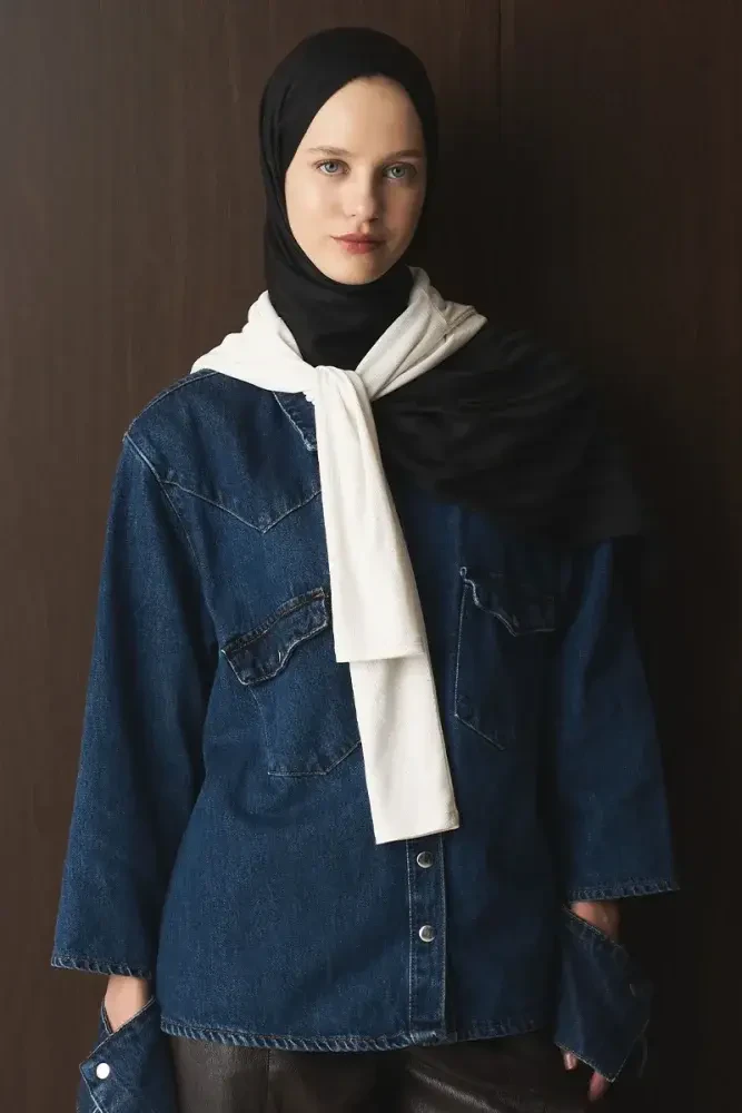 Naiya Jakar Şal Line Desen - Siyah - MADAME POLO