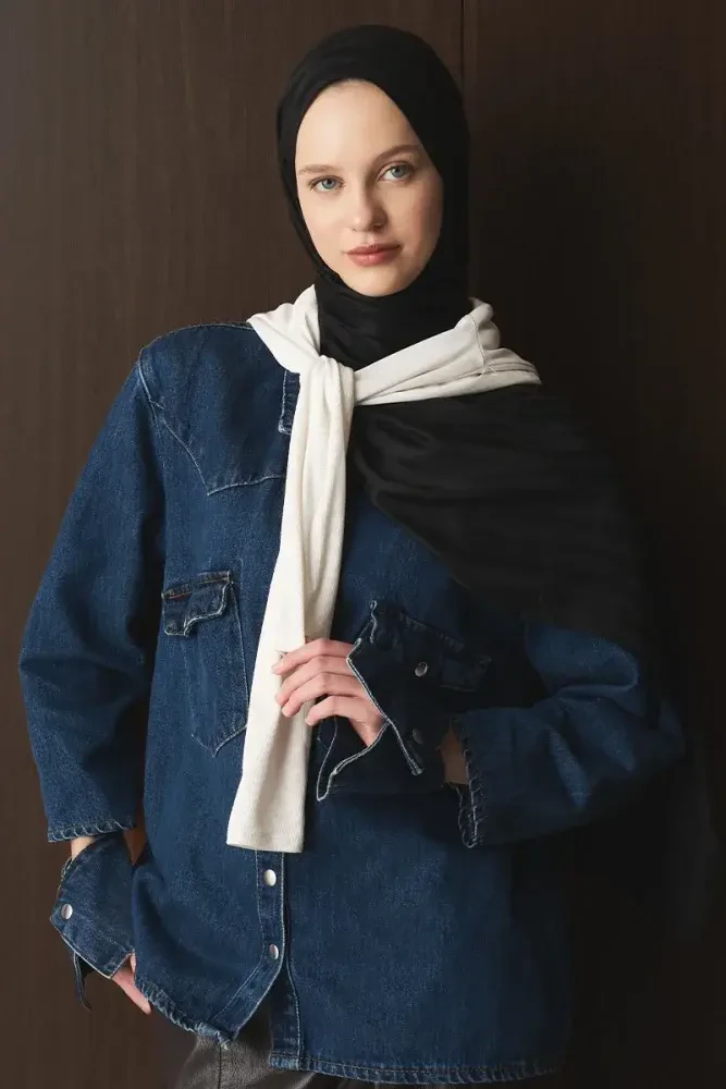 Naiya Jakar Şal Line Desen - Siyah - MADAME POLO