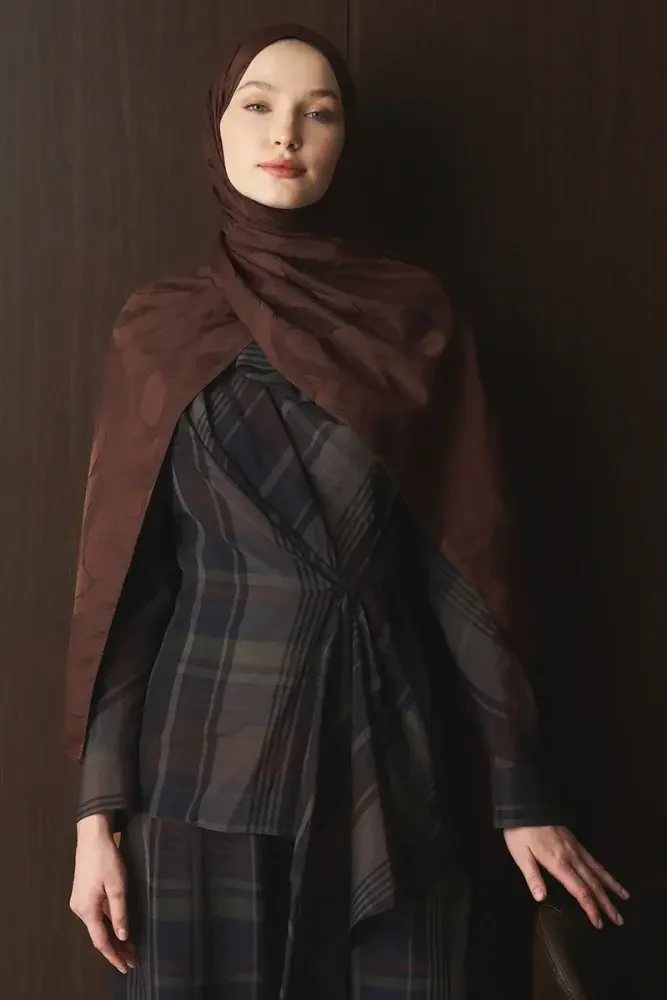 Naiya Jakar Şal Wave Desen - Acı Kahve - MADAME POLO