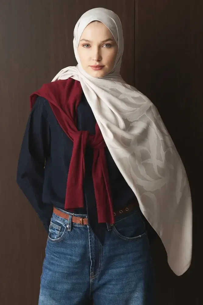 Naiya Jakar Şal Wave Desen - Kırık Beyaz - MADAME POLO