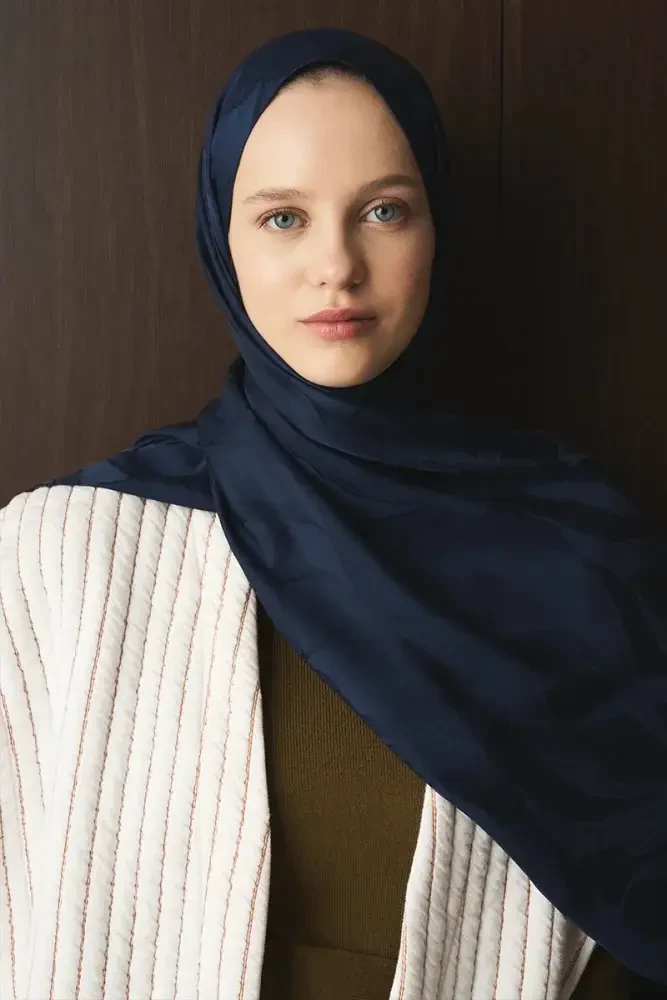 Naiya Jakar Şal Wave Desen - Lacivert - MADAME POLO