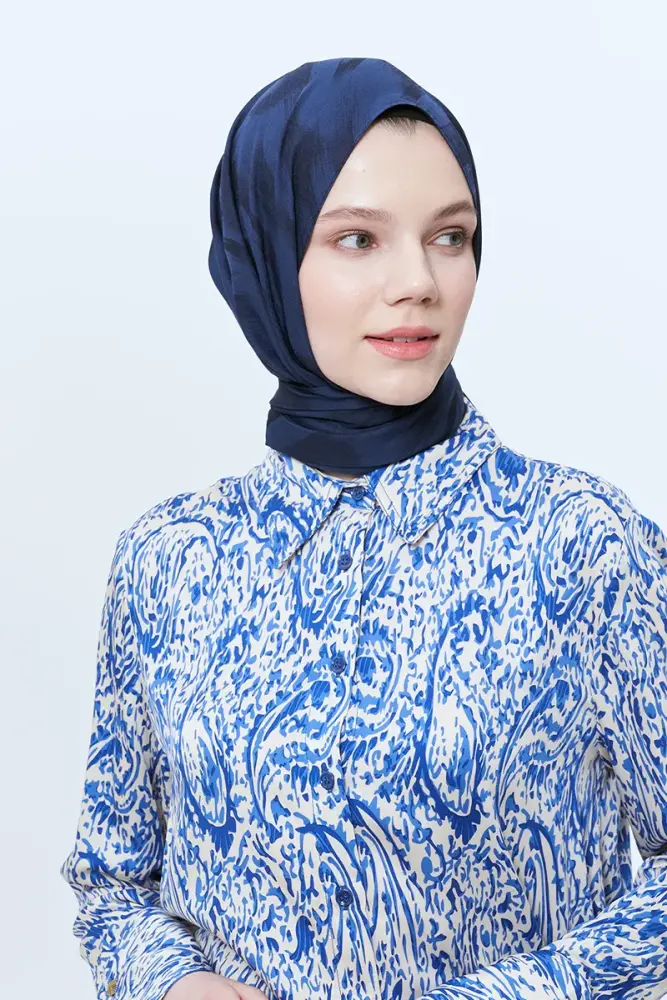 Organic Jacquard Hijab Brush Pattern - Navy Blue - 1