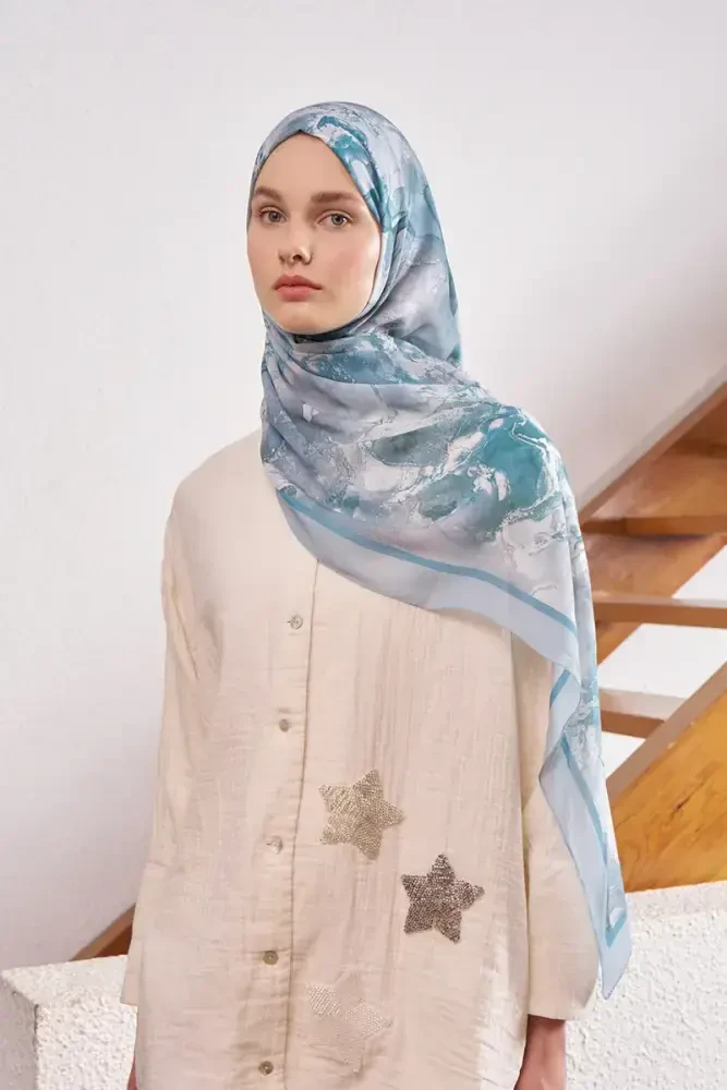 Passionate Solstice Desen Şal - Mavi - MADAME POLO