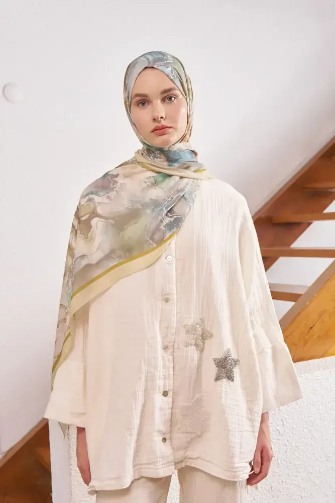 Passionate Solstice Desen Şal - Yağ Yeşili - MADAME POLO