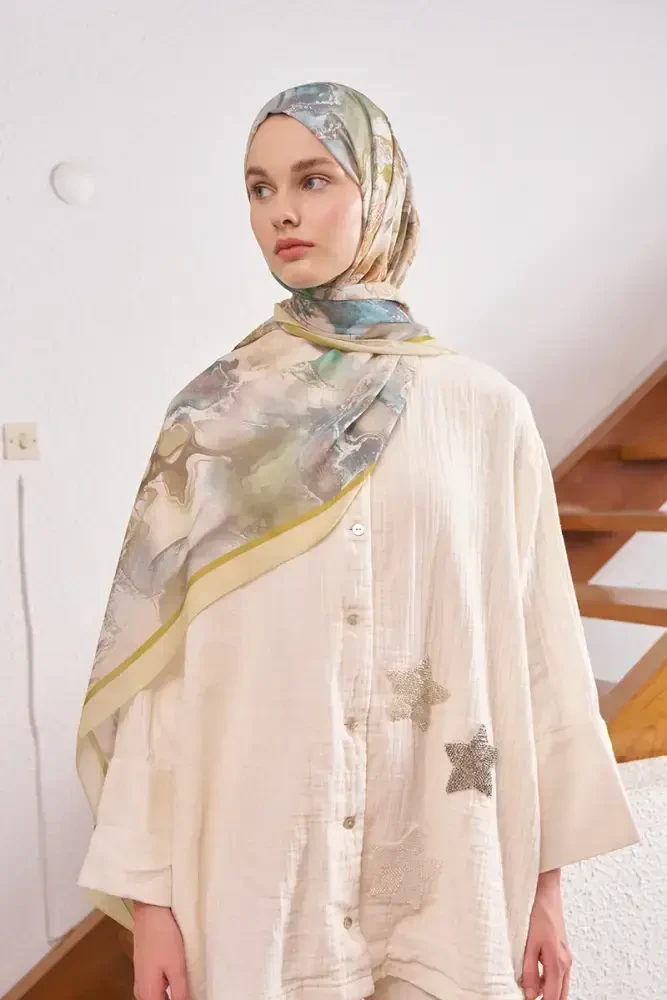 Passionate Solstice Desen Şal - Yağ Yeşili - MADAME POLO