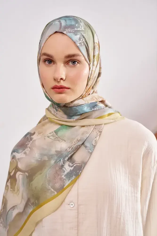 Passionate Solstice Desen Şal - Yağ Yeşili - MADAME POLO