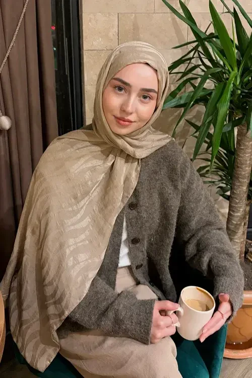 Premium Jakar Şal Dalga Desen - Bej 