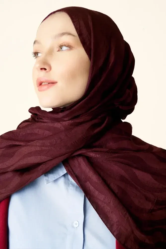 Premium Jakar Şal Dalga Desen - Bordo - 3