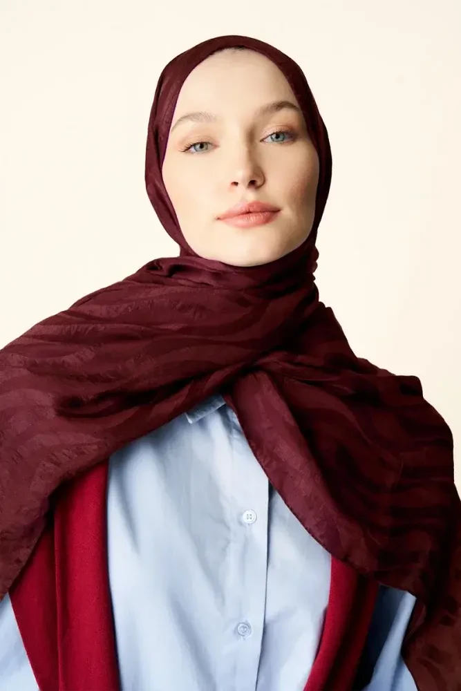 Premium Jakar Şal Dalga Desen - Bordo - 4