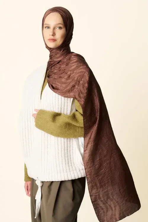 Premium Jakar Şal Dalga Desen - Brownie 