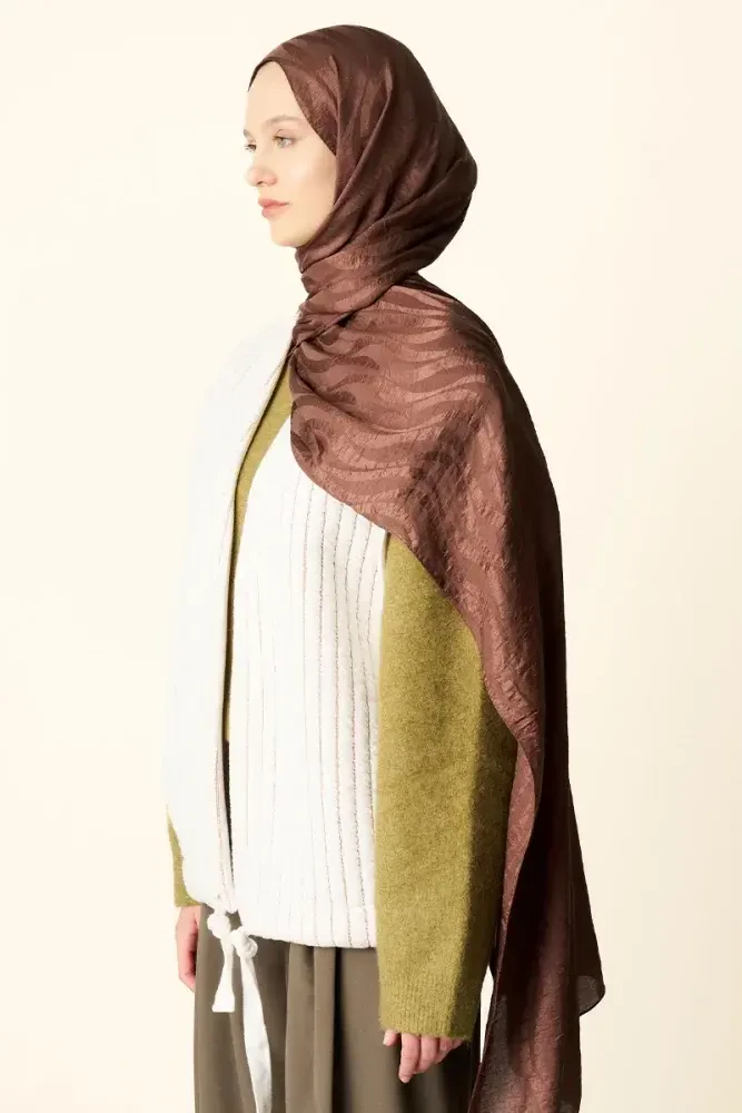 Premium Jakar Şal Dalga Desen - Brownie - 3