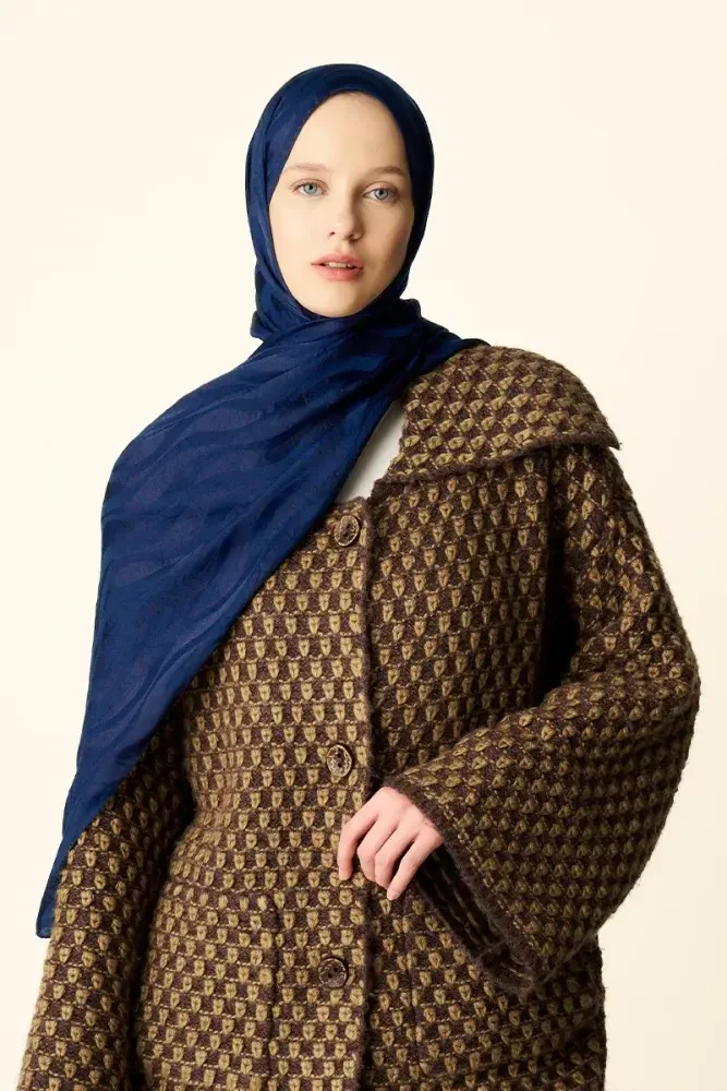 Premium Jakar Şal Dalga Desen - Gece Mavisi - MADAME POLO
