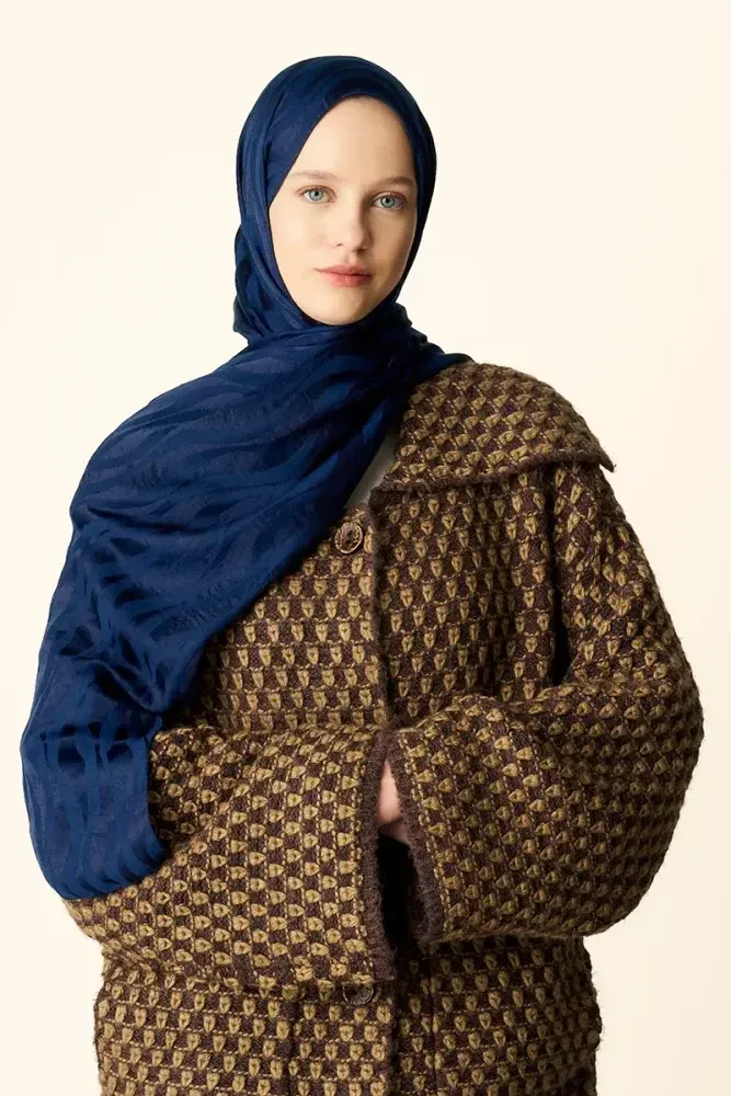 Premium Jakar Şal Dalga Desen - Gece Mavisi - 3