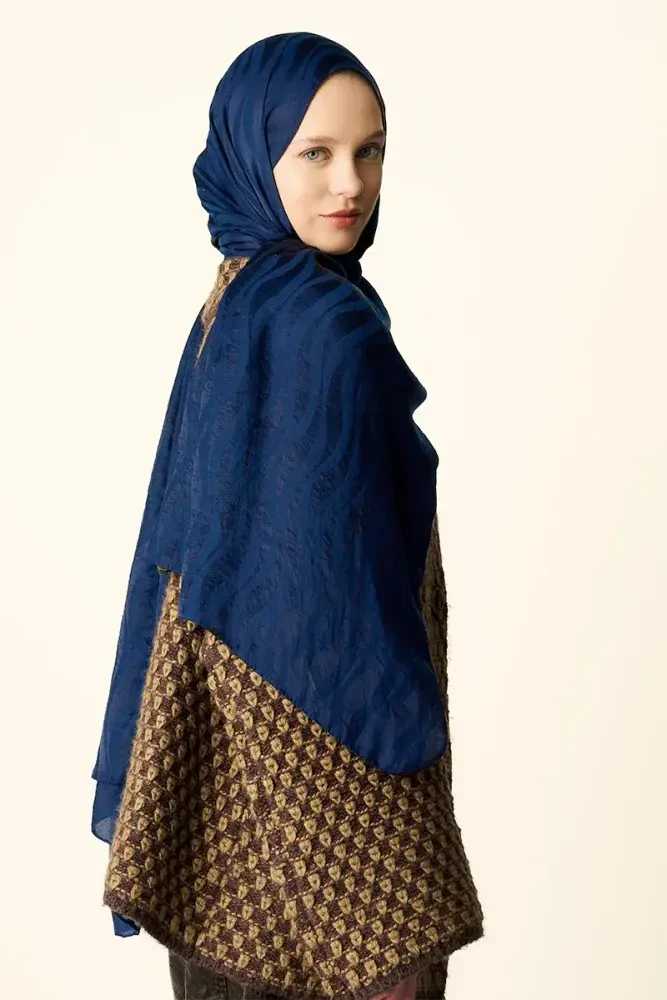 Premium Jakar Şal Dalga Desen - Gece Mavisi - 4