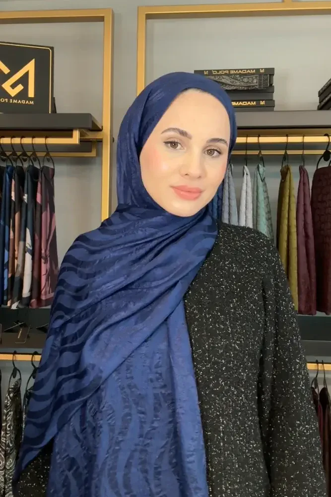 Premium Jakar Şal Dalga Desen - Gece Mavisi - MADAME POLO