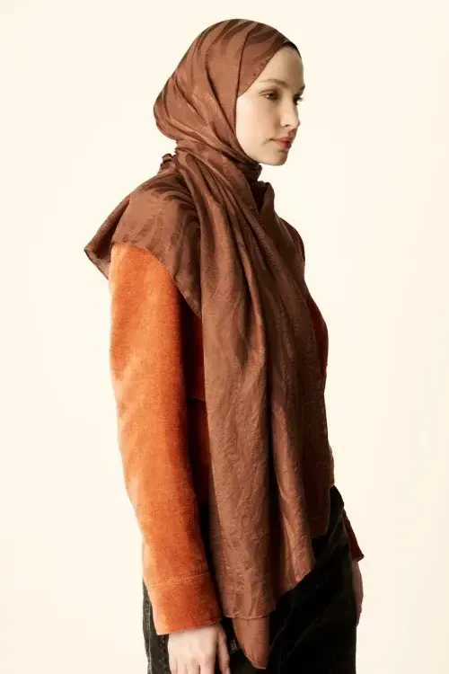 Premium Jakar Şal Dalga Desen - Kızıl Kahve 