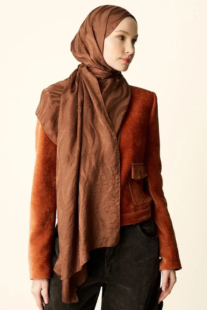 Premium Jakar Şal Dalga Desen - Kızıl Kahve - 2