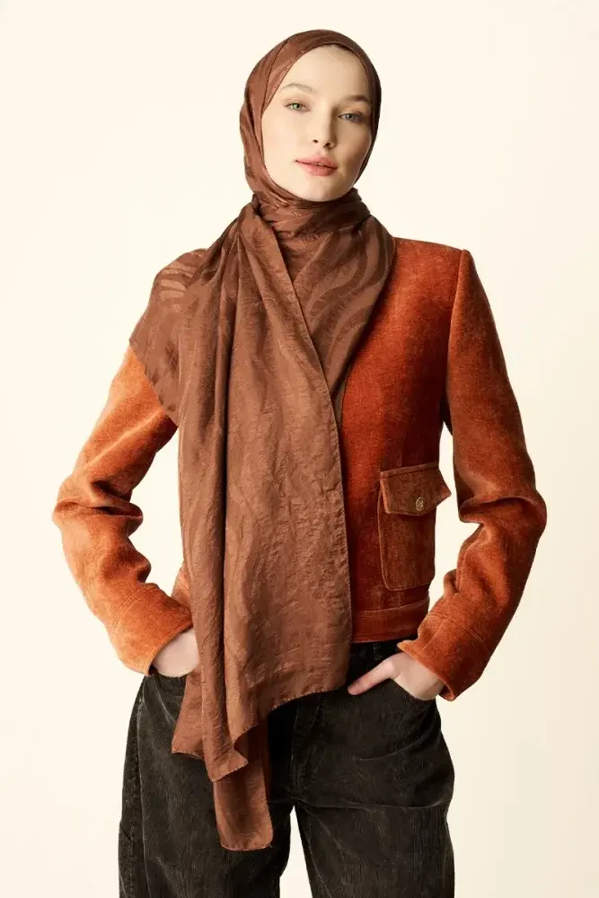 Premium Jakar Şal Dalga Desen - Kızıl Kahve - MADAME POLO