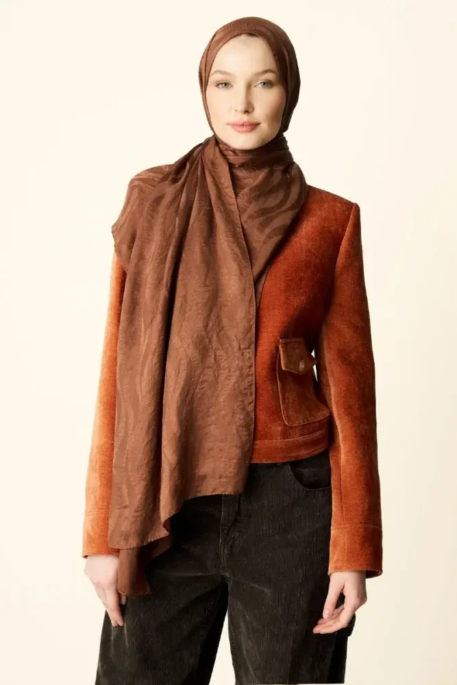 Premium Jakar Şal Dalga Desen - Kızıl Kahve - 4