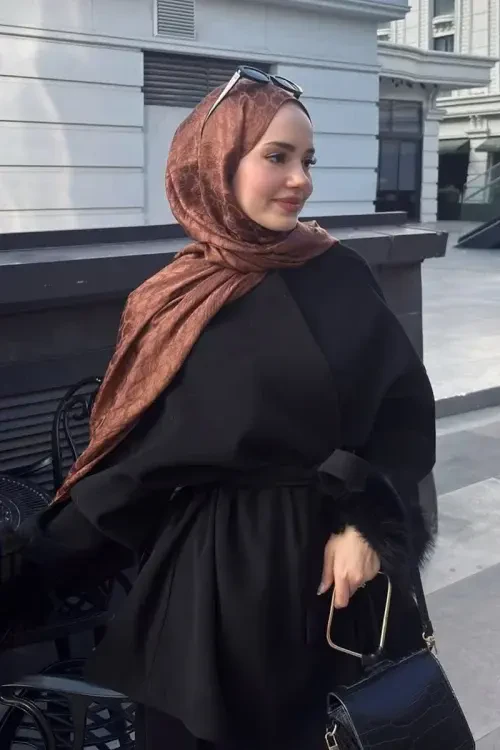 Premium Jakar Şal Dalga Desen - Kızıl Kahve 