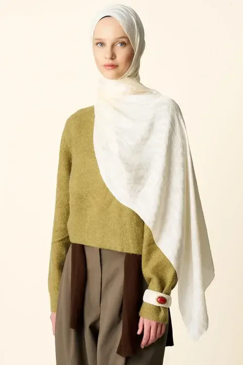 Premium Jakar Şal Dalga Desen - Krem 