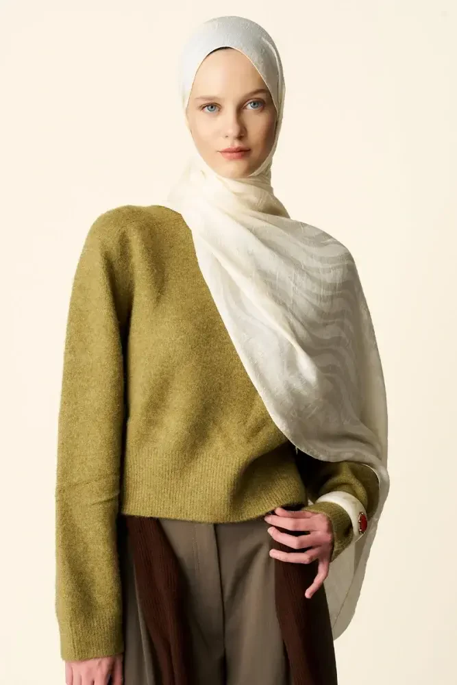 Premium Jakar Şal Dalga Desen - Krem - MADAME POLO