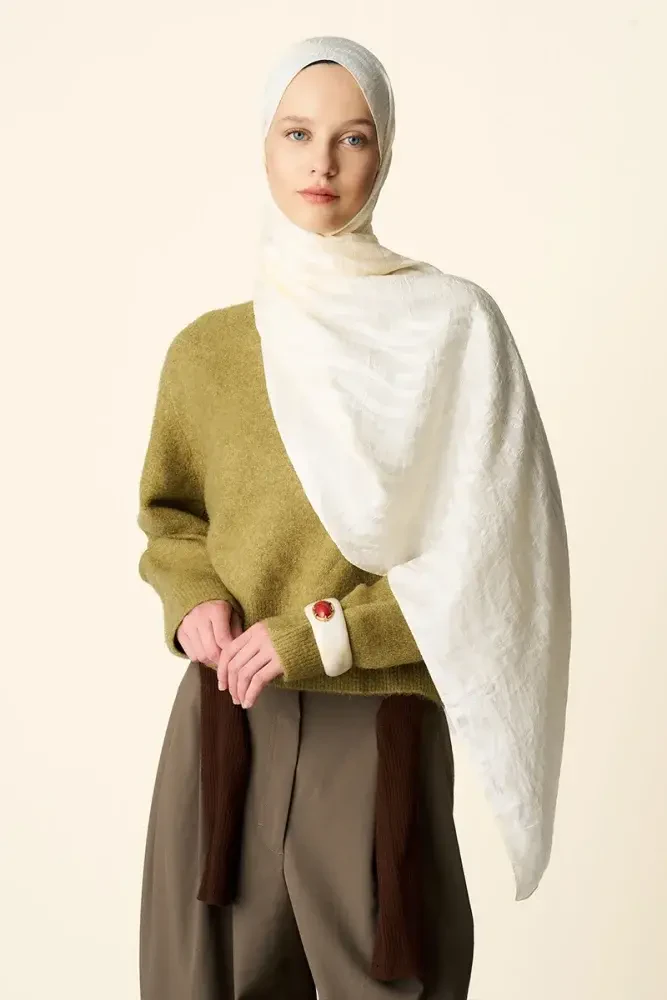 Premium Jakar Şal Dalga Desen - Krem - MADAME POLO