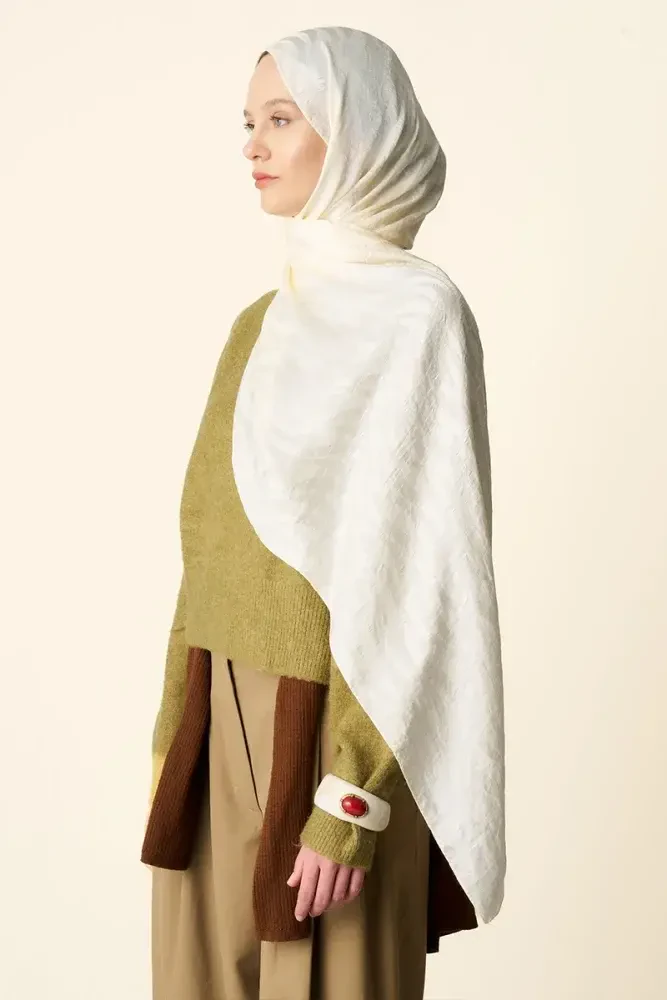 Premium Jakar Şal Dalga Desen - Krem - 4