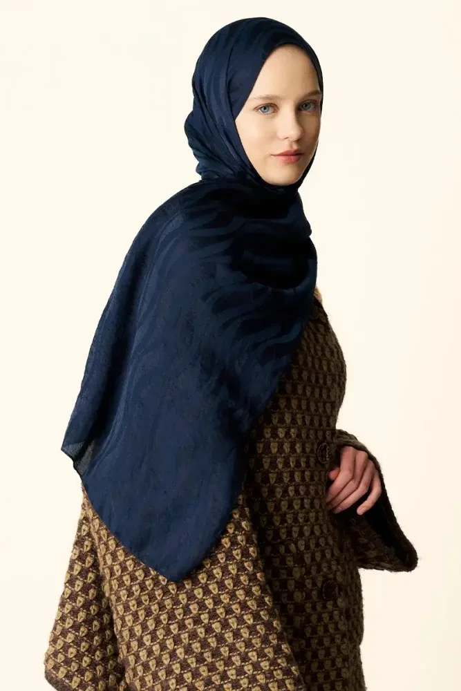 Premium Jakar Şal Dalga Desen - Lacivert - MADAME POLO