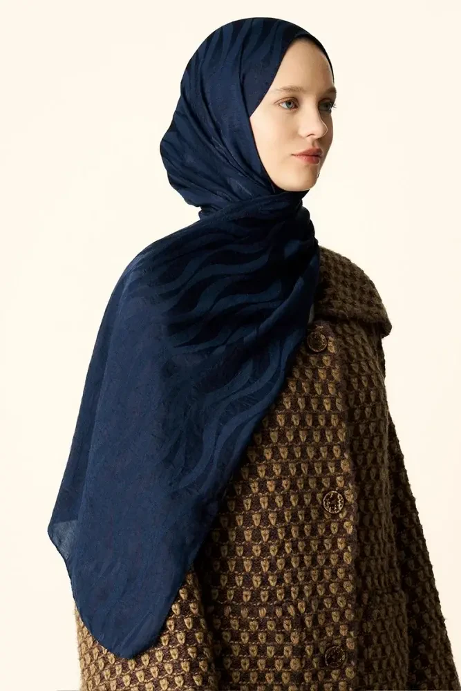 Premium Jakar Şal Dalga Desen - Lacivert - 4